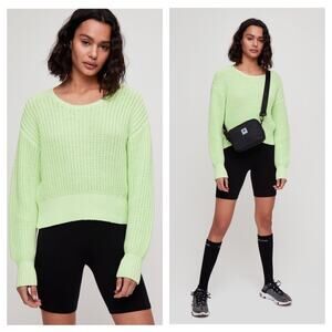 Aritzia TNA The Fisherman Sweater XS Neon Green Chunky Knit Cotton Cropped